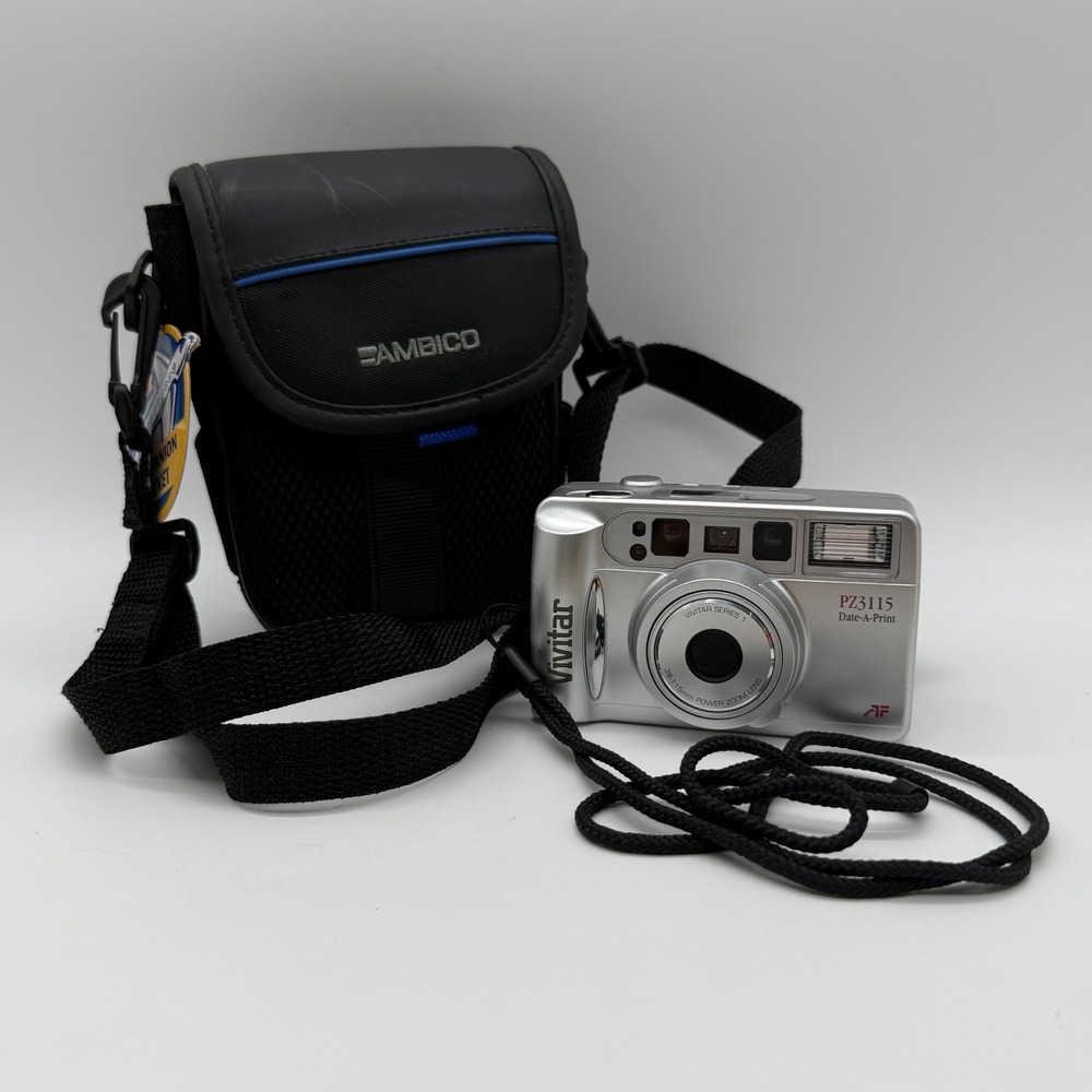 Vivitar PZ3115 Date-A-Print 35mm Film Camera Silver 38-115mm Zoom Case TESTED